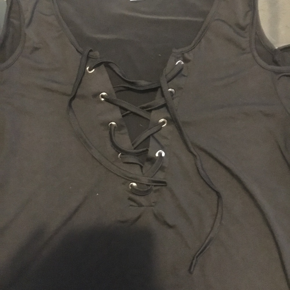 Medium Black open shoulder silk lace up top